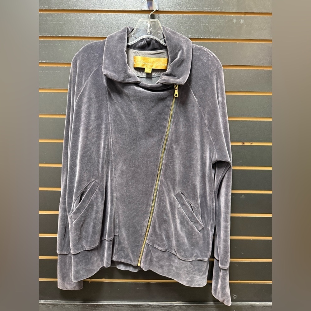 Minnie Rose Gray Velvet Asymmetrical Zip Jacket S